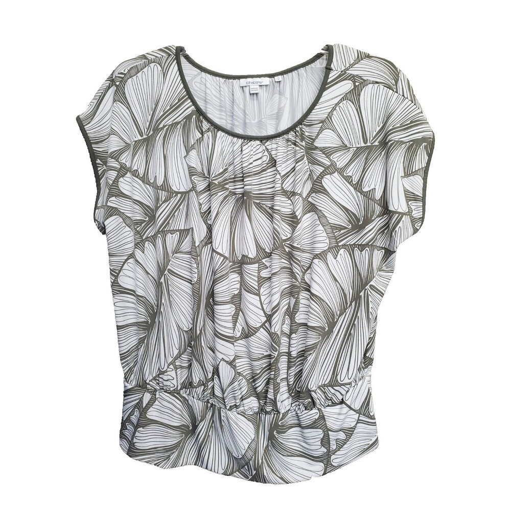 Chico's Abstract Leaf Print Cap Sleeve Banded Waist Cap Sleeve Blouse Sz 3 (XL)